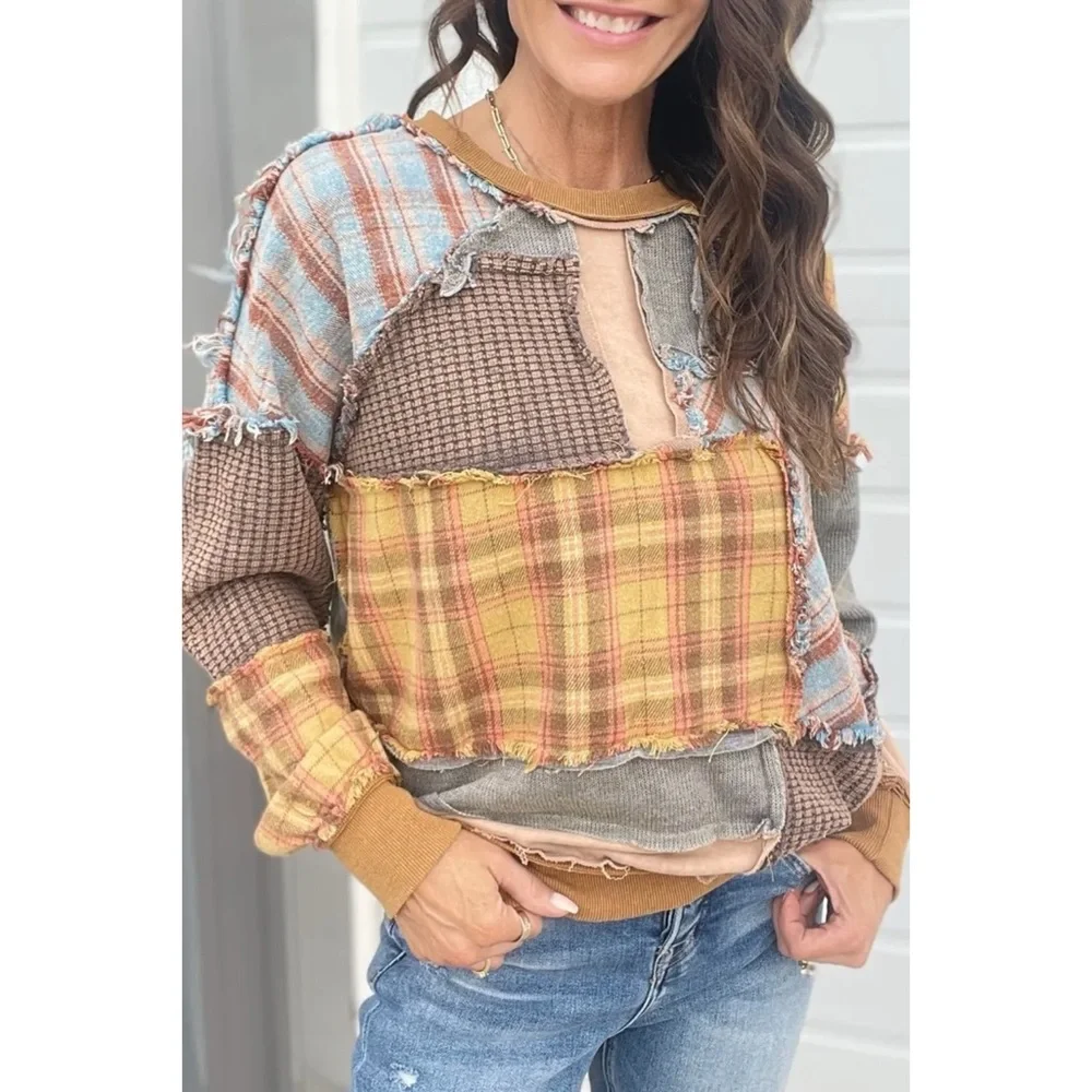 Oli & Hali Washed Mixed Fabric Plaid Pullover in Mustard Combo - Picture 13 of 14